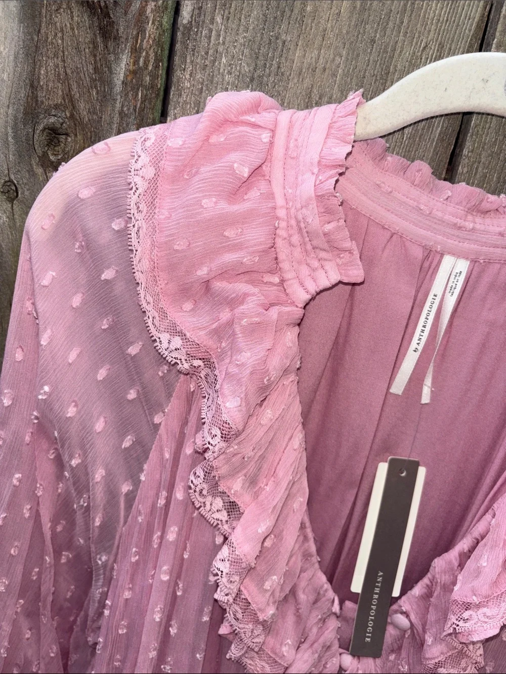 Anthropologie Pink Ruffle Swiss-Dot Long Sleeve Dress